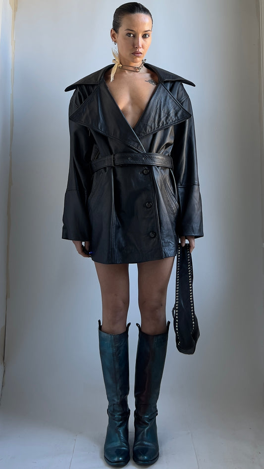 80S LEATHER JACKET DRESS / UK 8-12