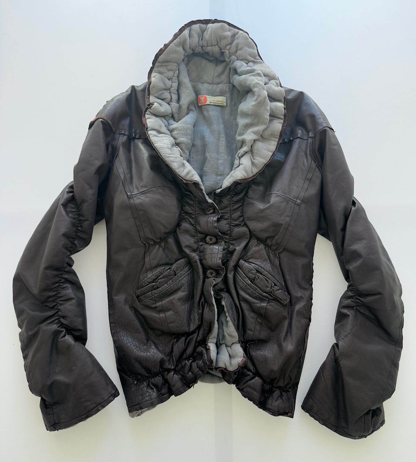 RARE 90S MICHIKO KOSHINO SHIRRED LEATHER JACKET / UK 6-10
