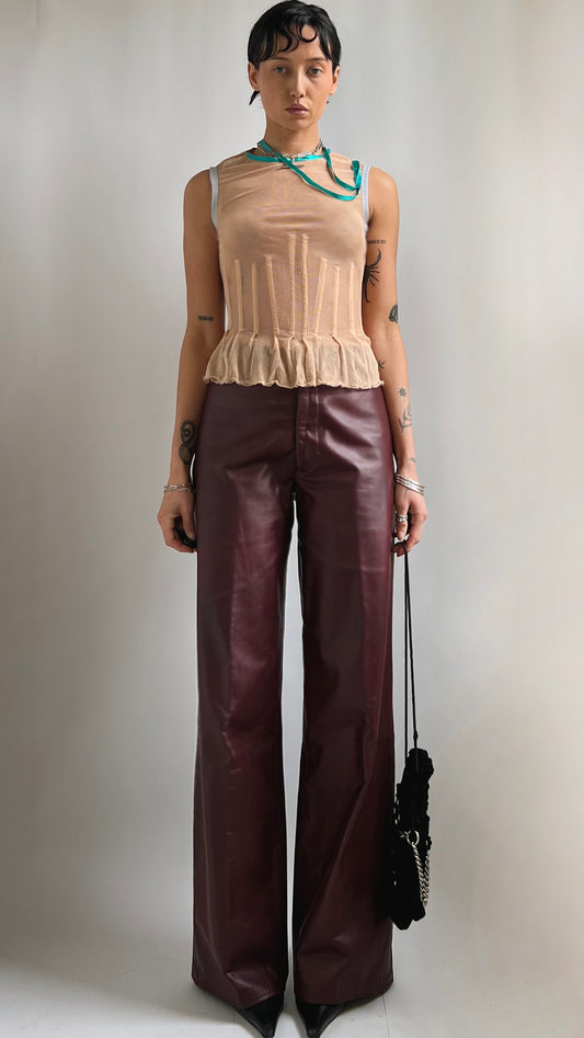 RARE 70S BURGUNDY LEATHER FLARES 26"W