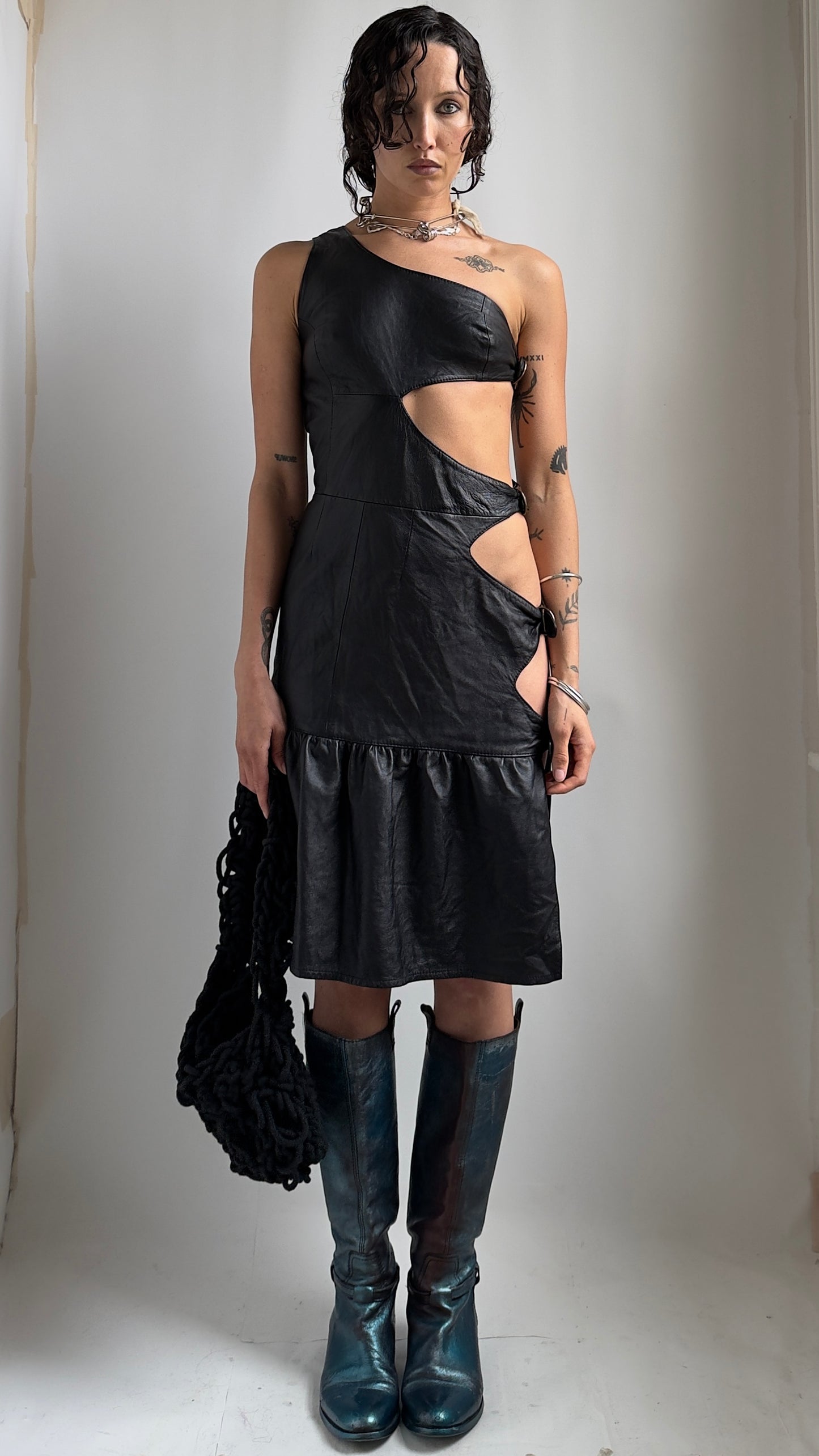 90S ASYMMETRICAL LEATHER CUT OUT DRESS / UK 6