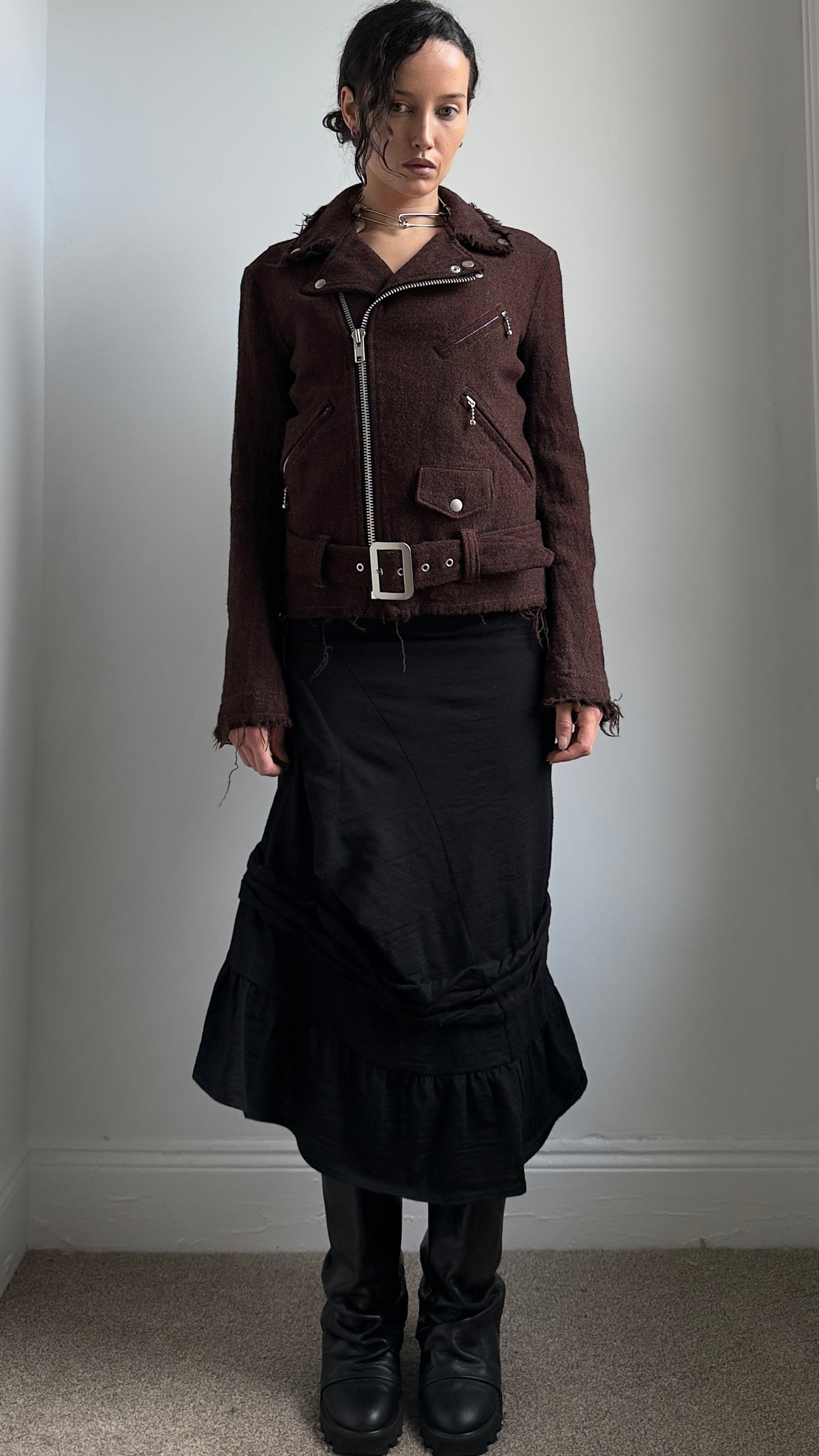 RARE 2011 JUNYA WATANABE FRAYED HEM WOOL BIKER JACKET / UK 6