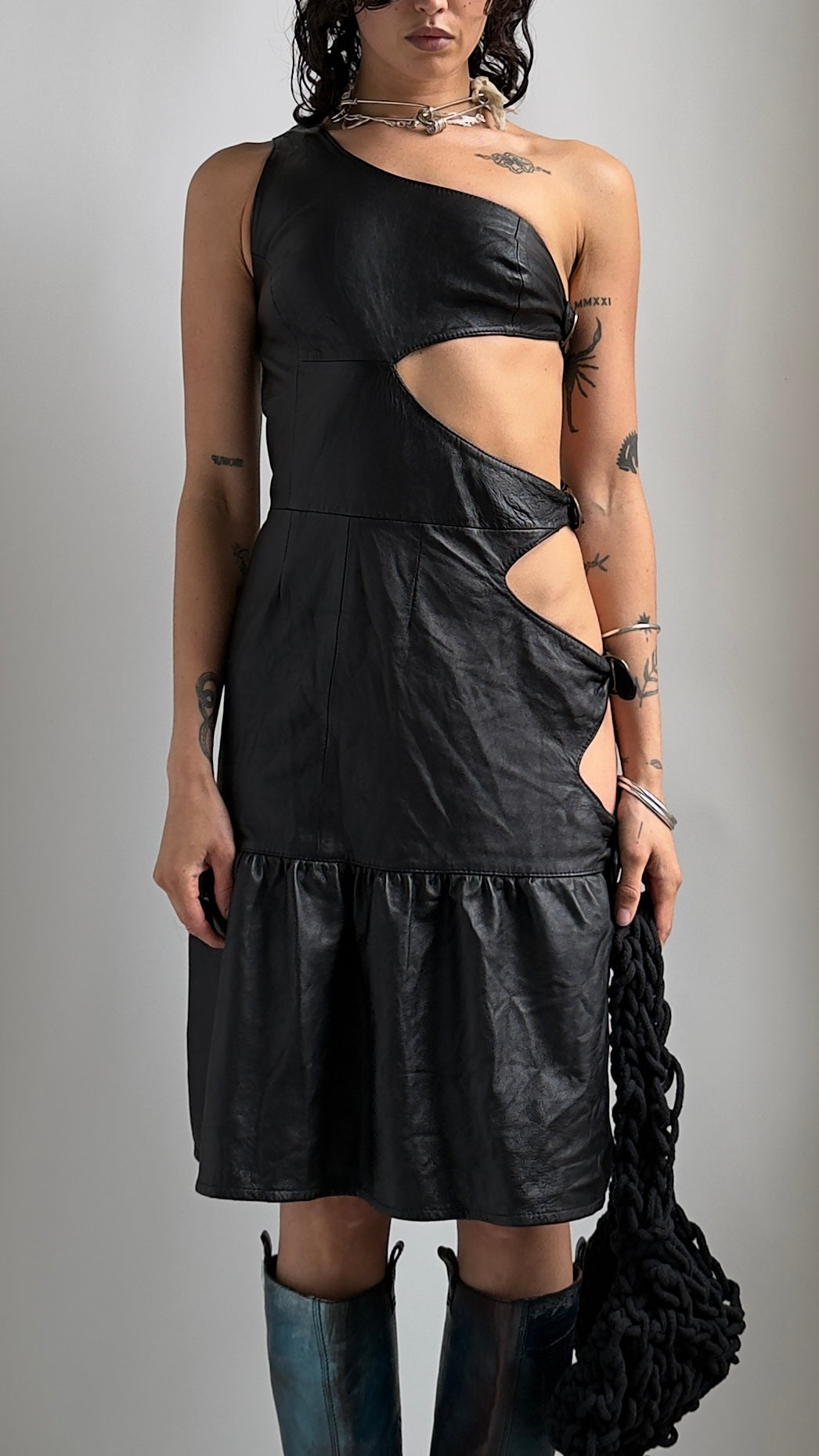 90S ASYMMETRICAL LEATHER CUT OUT DRESS / UK 6