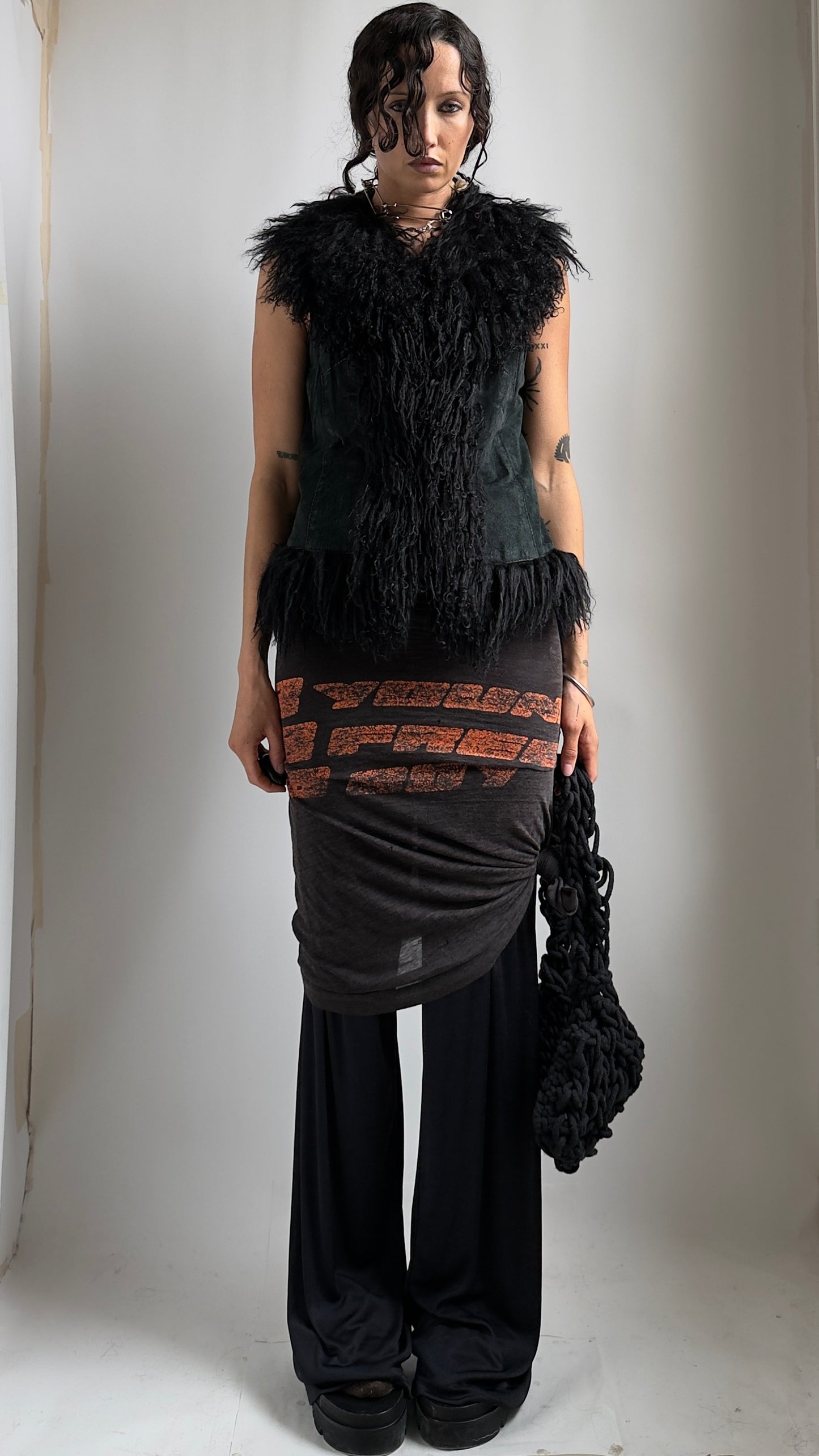 70S BLACK SUEDE MONGOLIAN VEST / UK 8-10