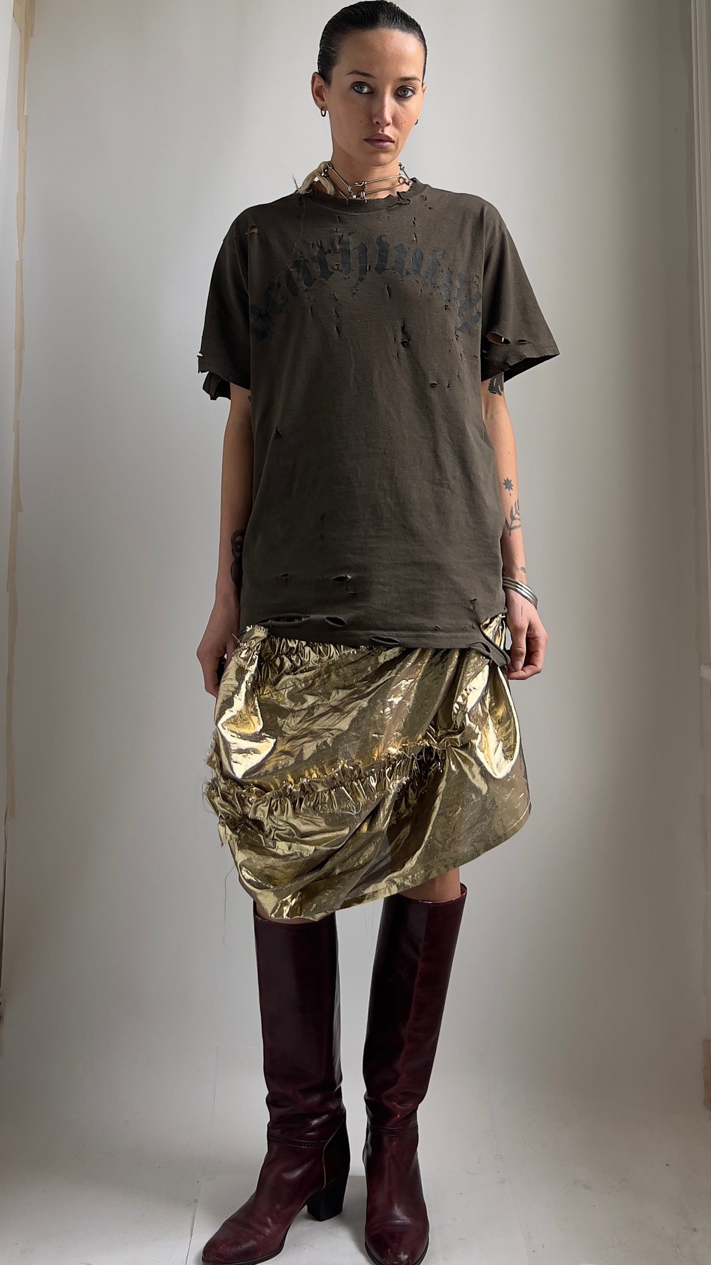 RARE EARLY 2000S COMME DES GARCONS DECONSTRUCTED FOIL SKIRT / W; 27"