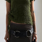 ISSEY MIYAKE CRINKLE PLEAT GREEN TOP WITH TIE / UK 6-10