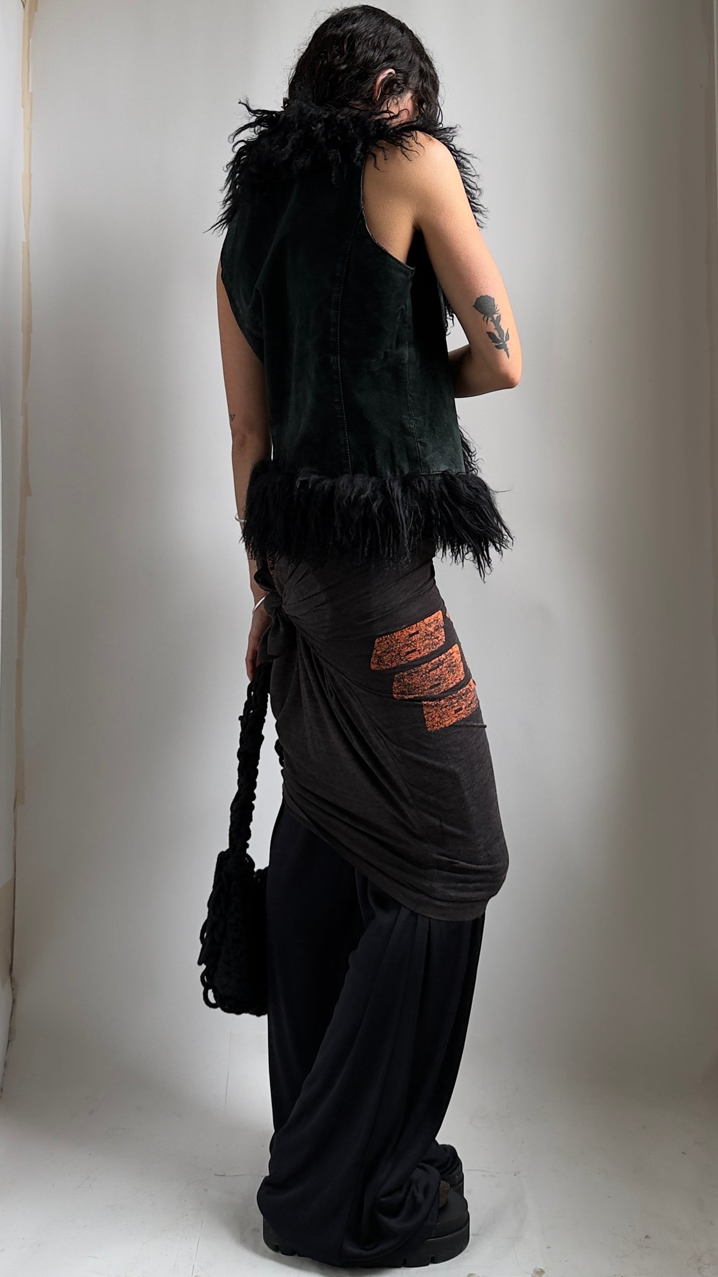 70S BLACK SUEDE MONGOLIAN VEST / UK 8-10